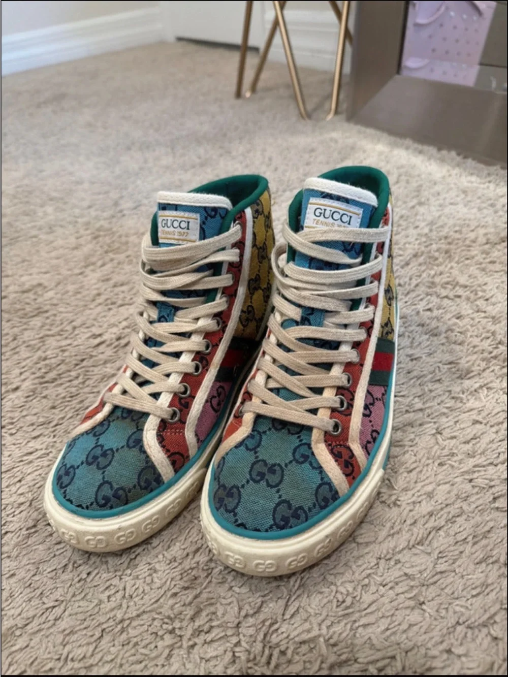 Gucci Mens size 8 Multicolor GG Canvas High-Top Sneakers with Cream Laces
